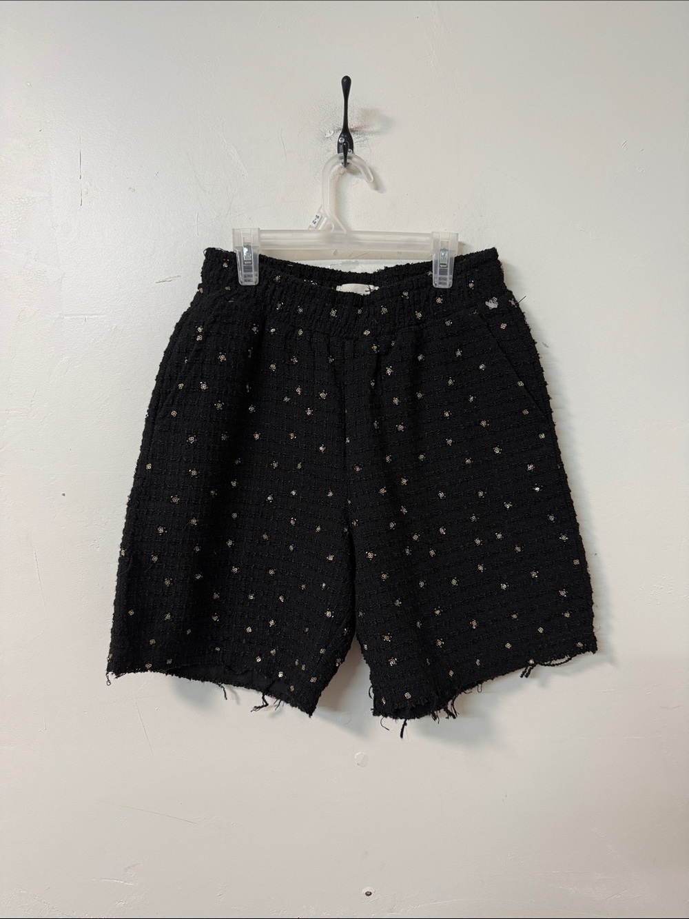 Black Tweed Embellished High-Waist Bermuda Shorts